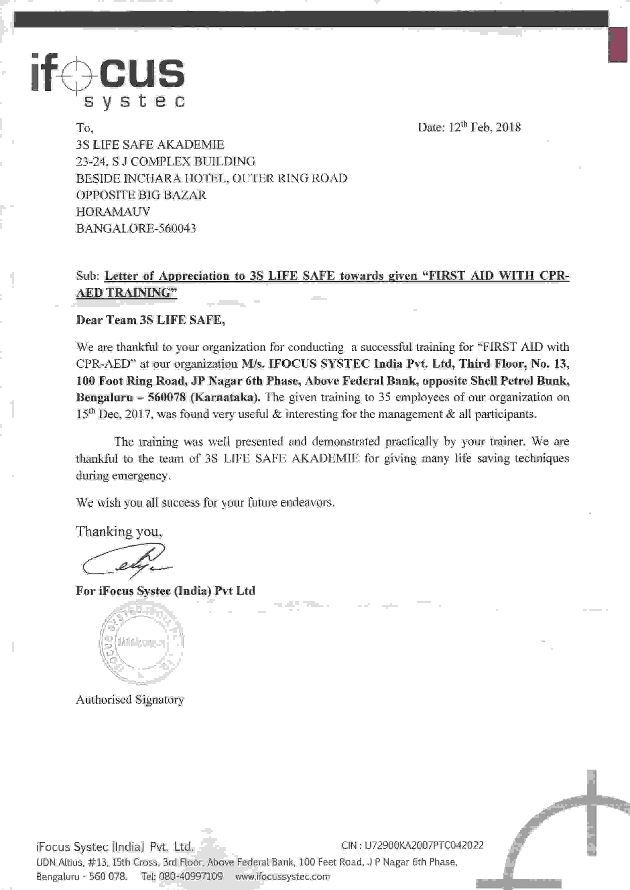 i-focus Appreciation Letter